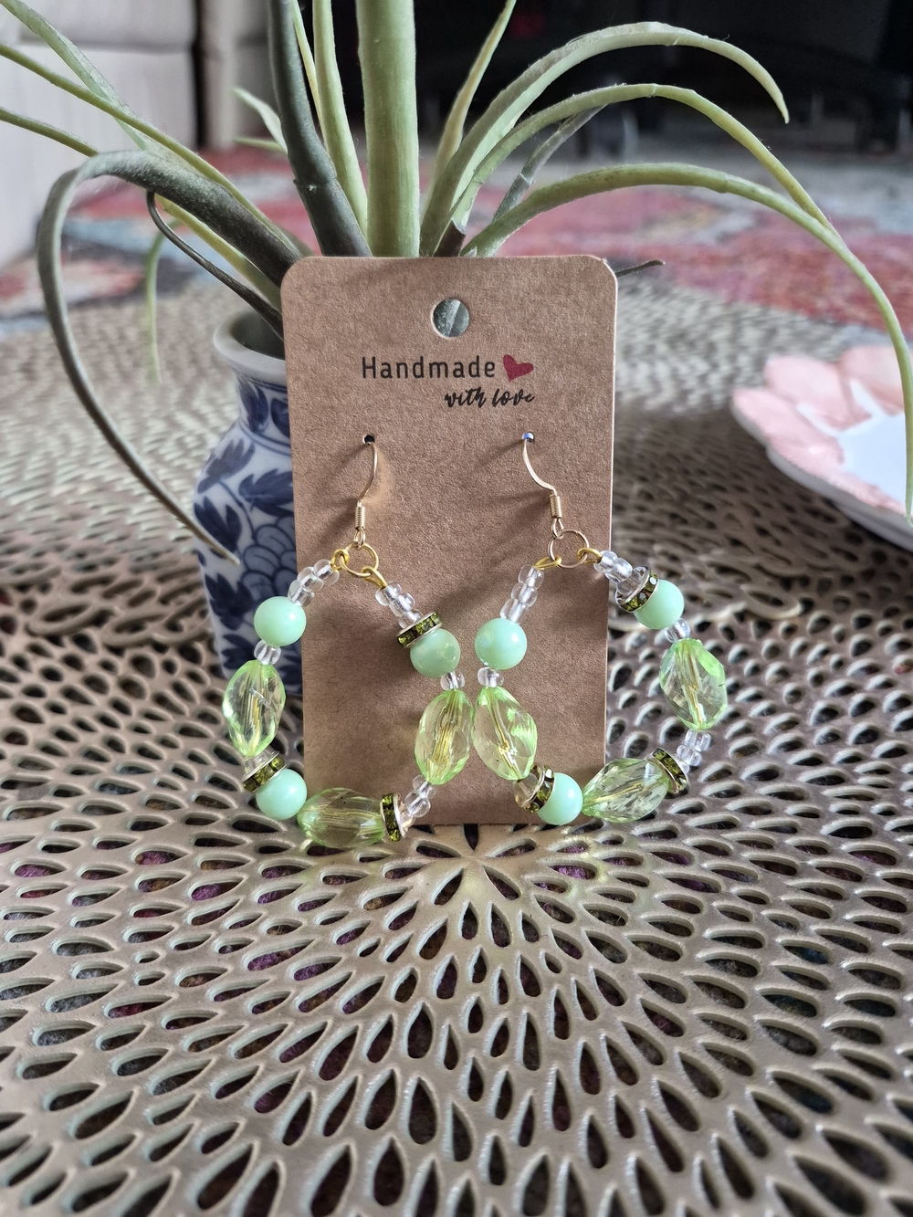 Handmade Light Green Beaded Hoop Earrings with Gold Accents
